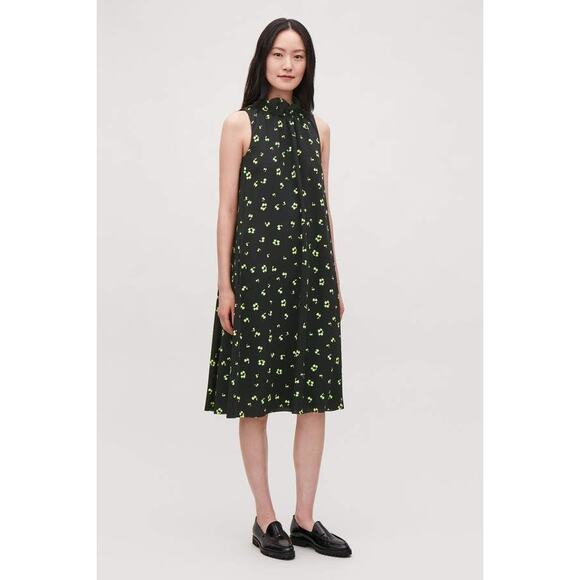 COS Frill Neck A-line Printed Dress Womens 4 Black Sleeveless Swing Floral Print - Picture 1 of 16